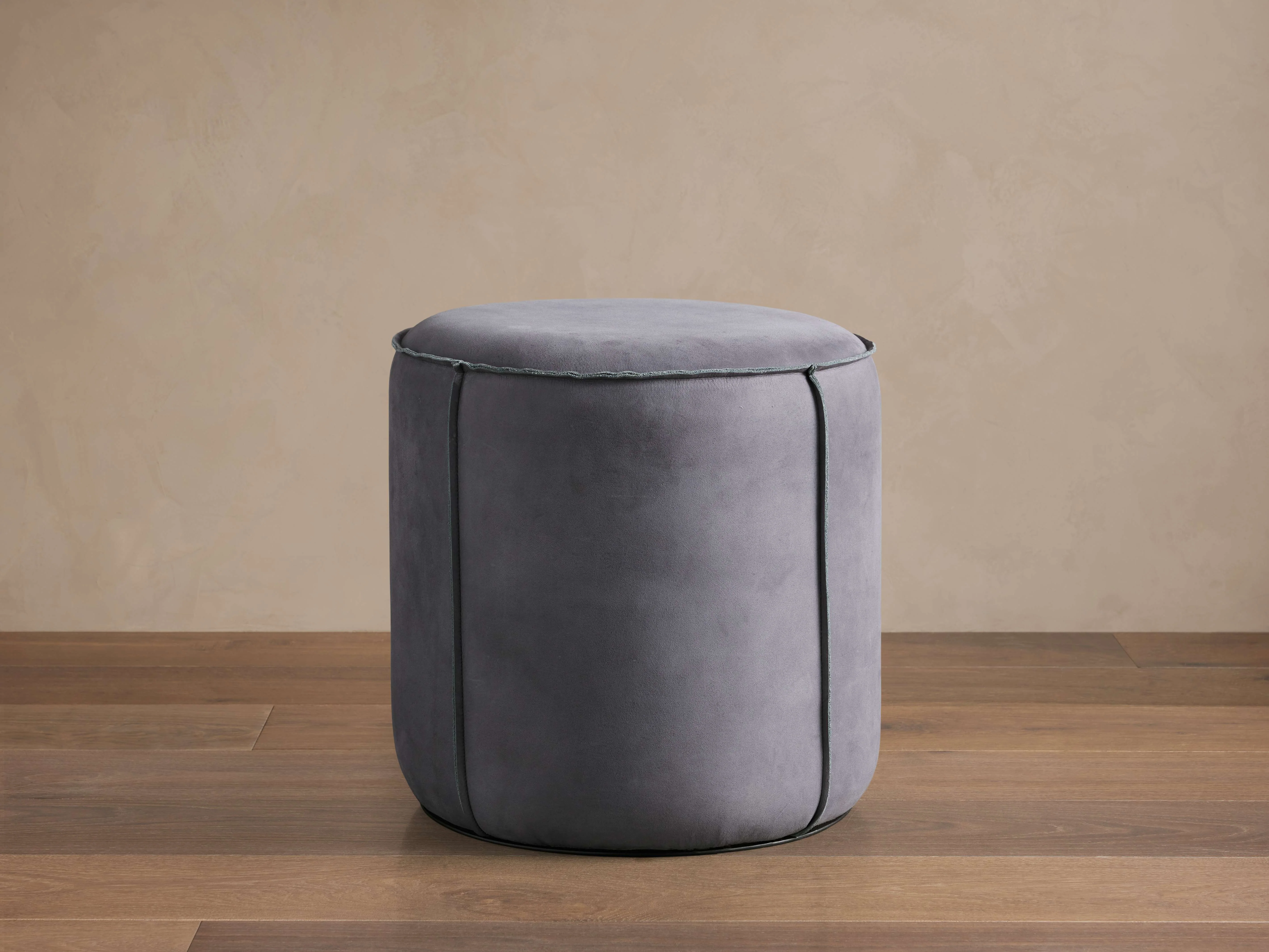 Nubuck Round Leather Pouf in Mineral
