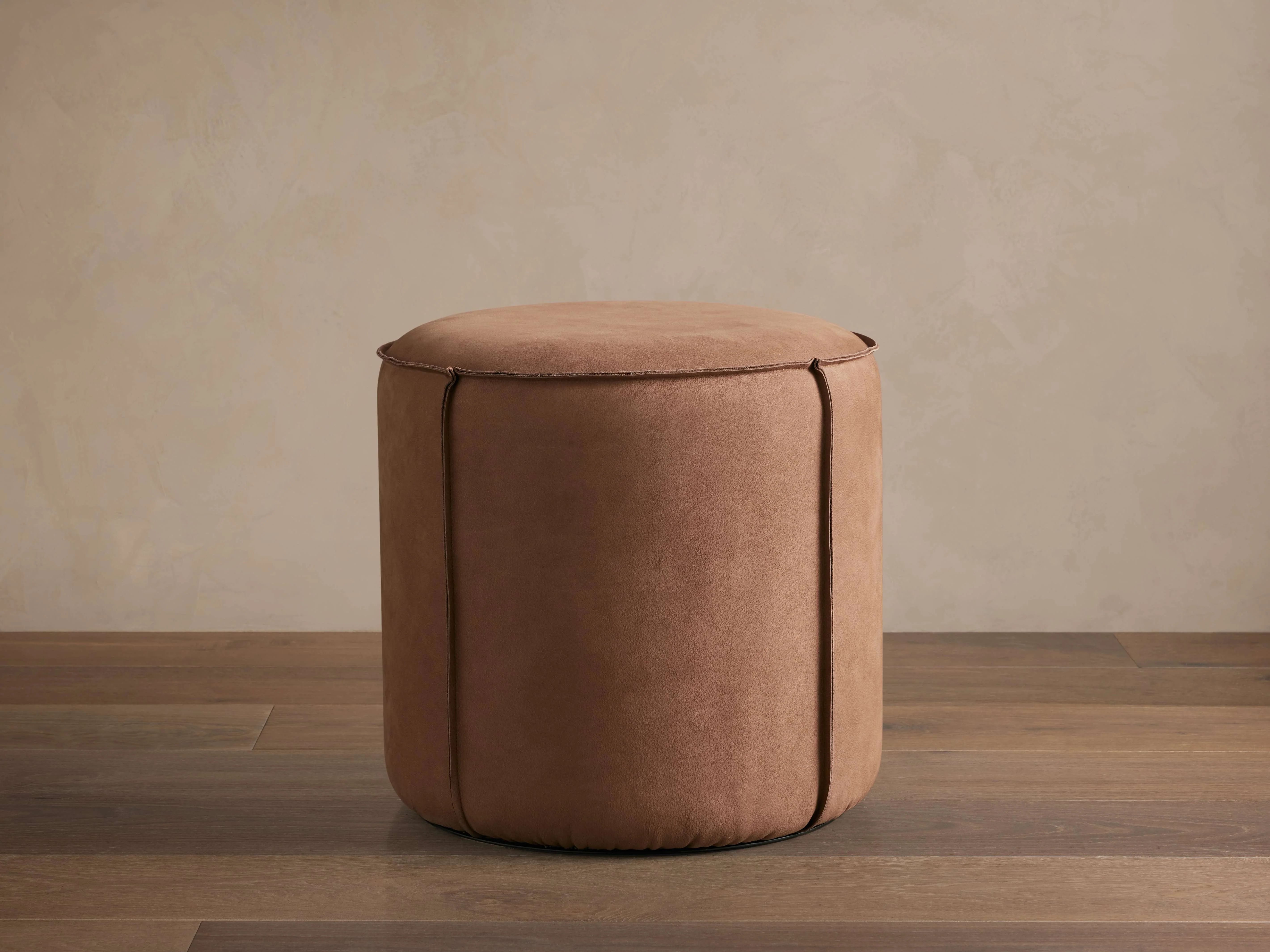 Nubuck Round Leather Pouf in Mink