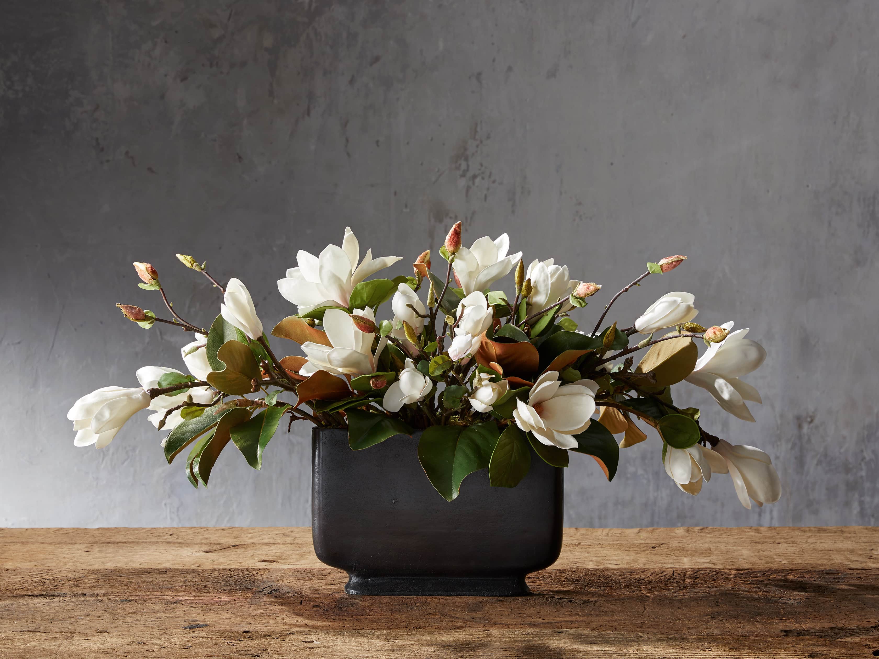 Faux Magnolia in Wide Bronze Vase