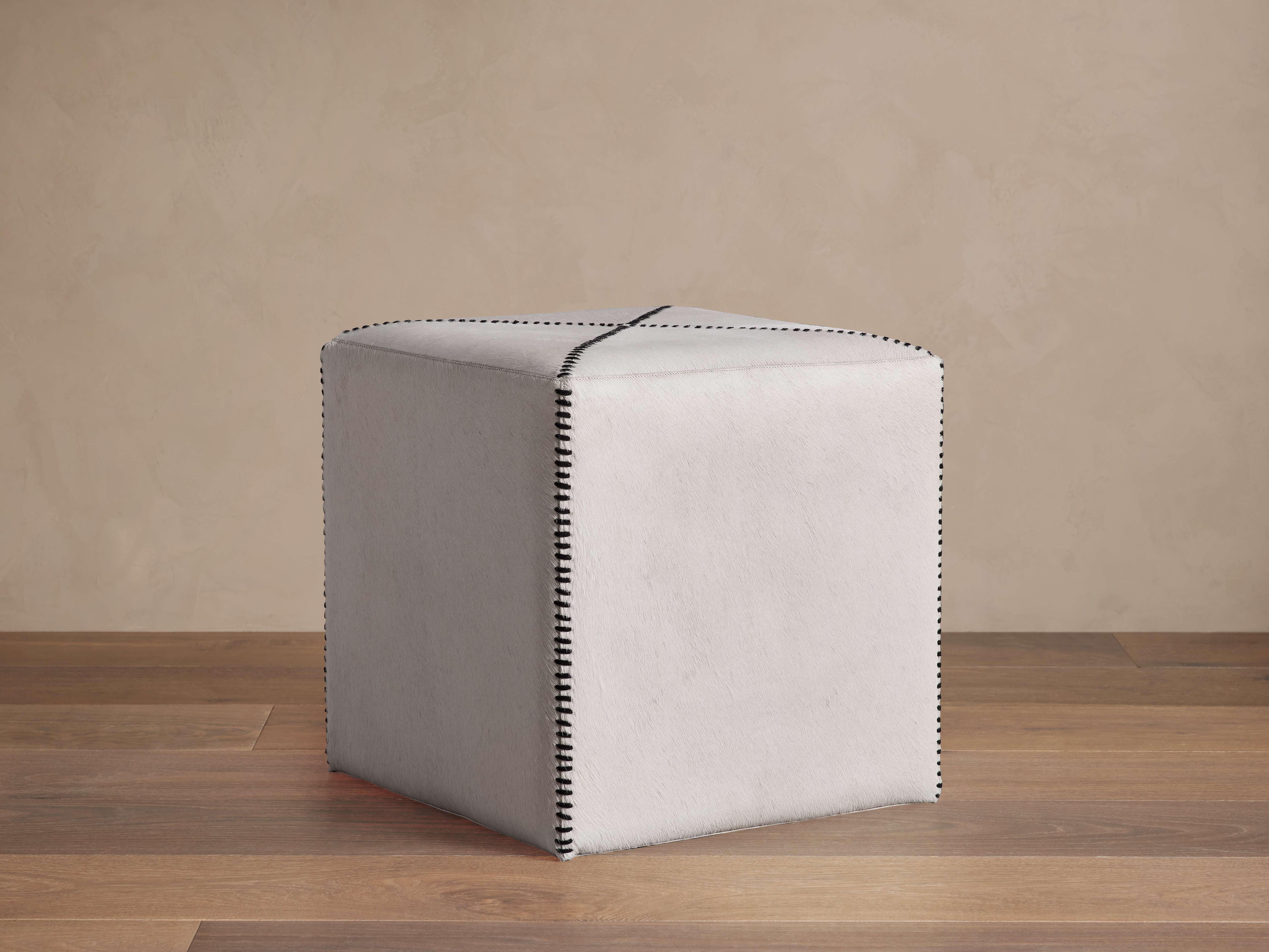 Hide Whipstitch Pouf in Ivory